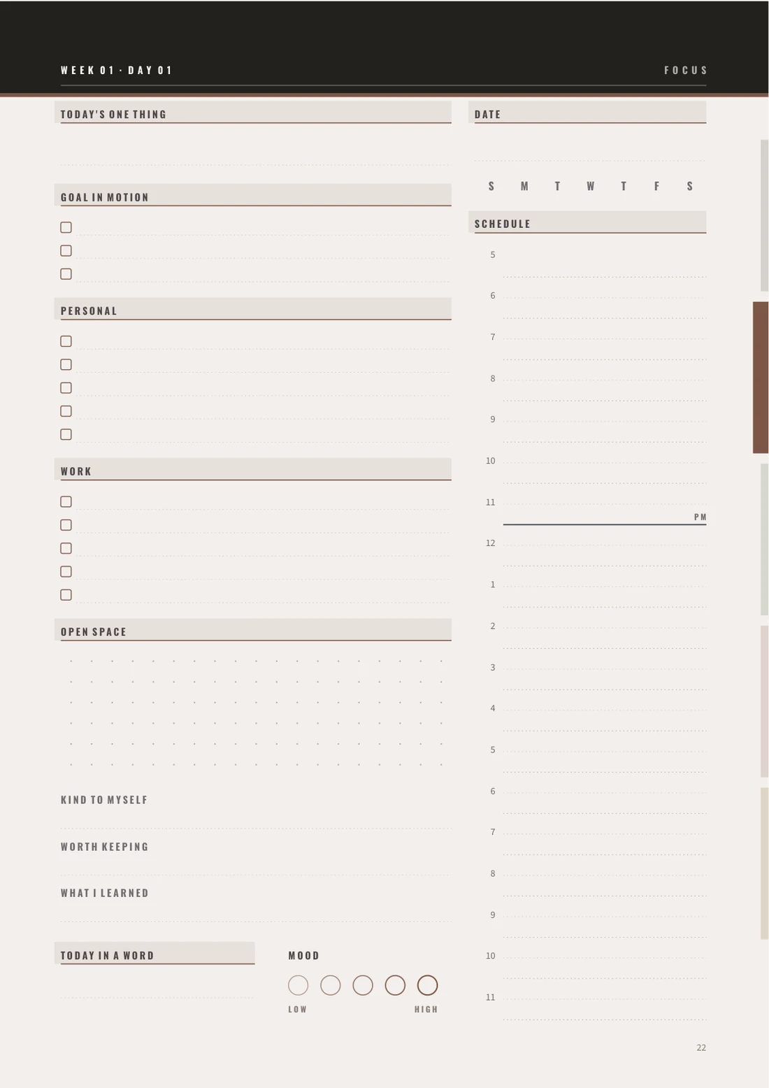 A daily page from The Quarter, on the sheet: a dark head bar, tinted labels and dotted writing lines.