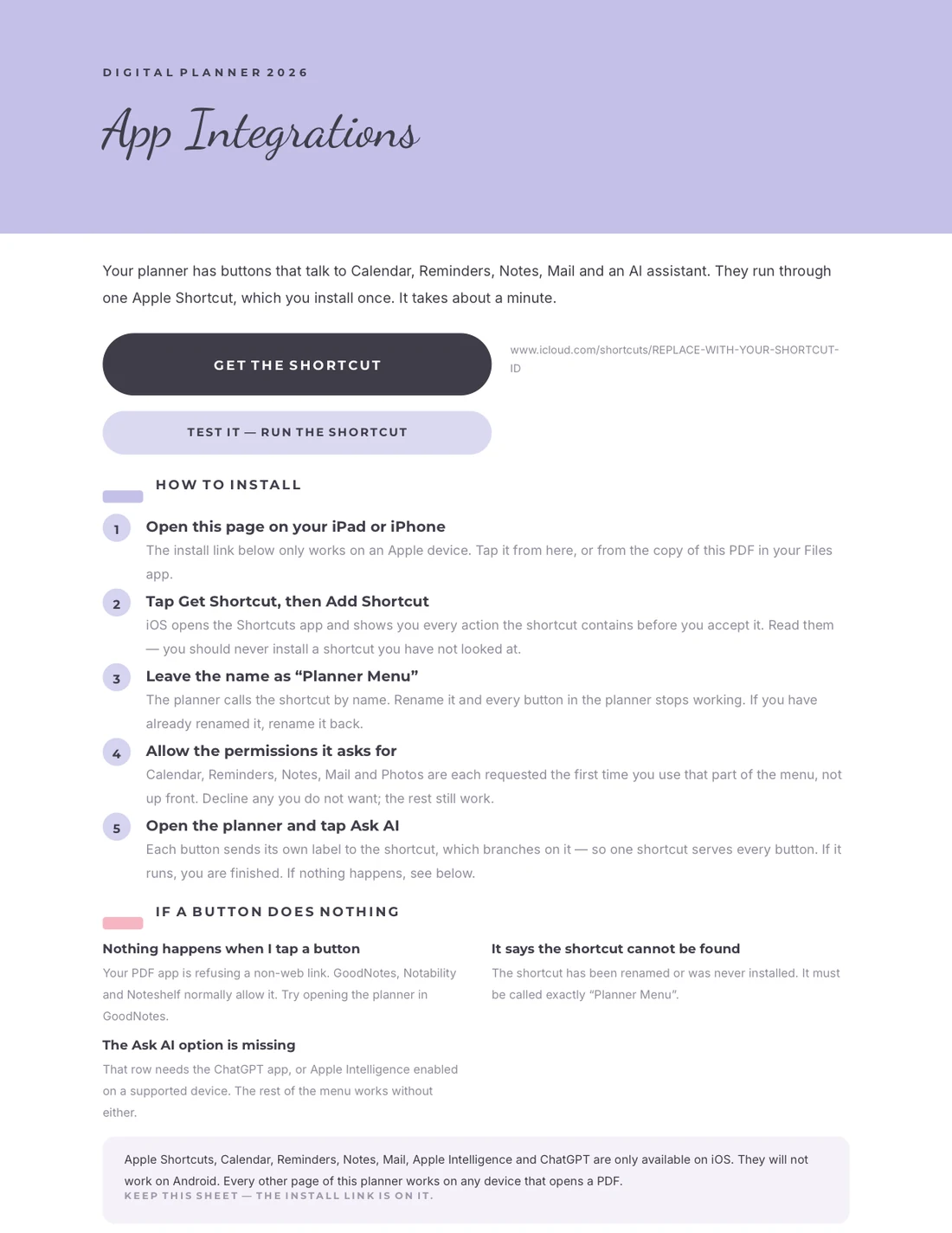 The first page of The Shortcuts Install Sheet.